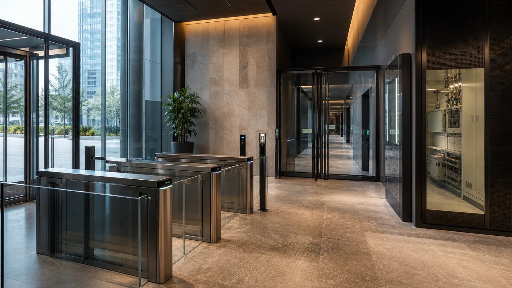 Commercial entrance and adjacent building-services enclosure, illustrating location context rather than an active event