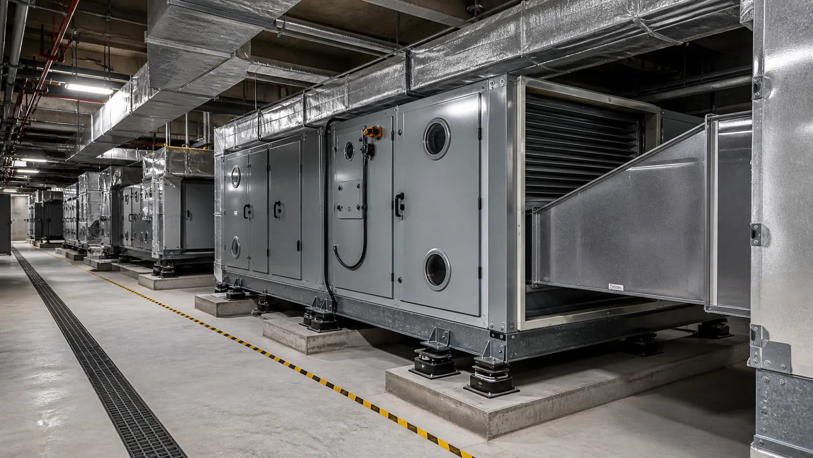 Air-handling equipment and ventilation ductwork arranged through a commercial plant room