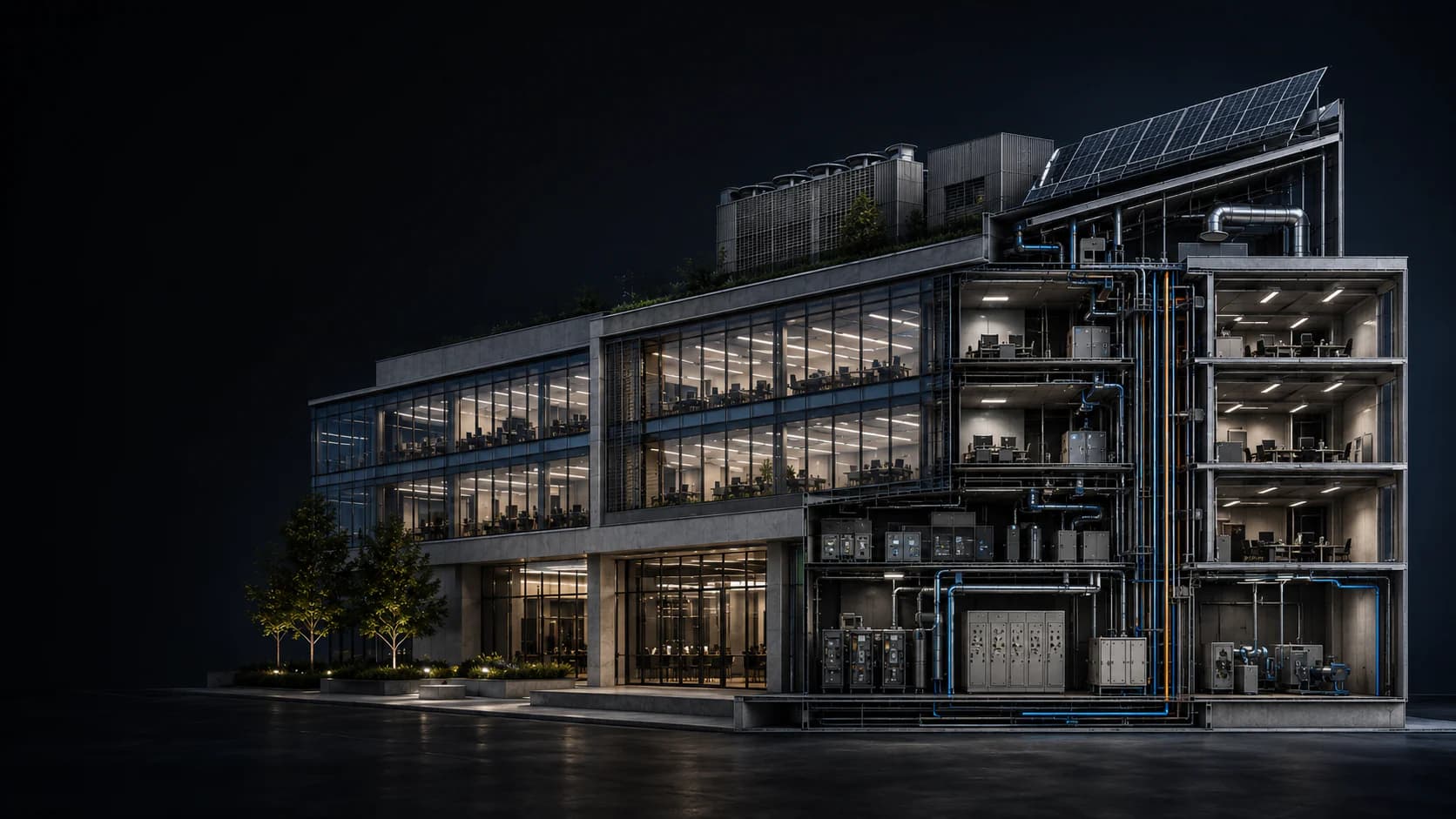 Architectural cutaway revealing the relationship between occupied spaces and building services