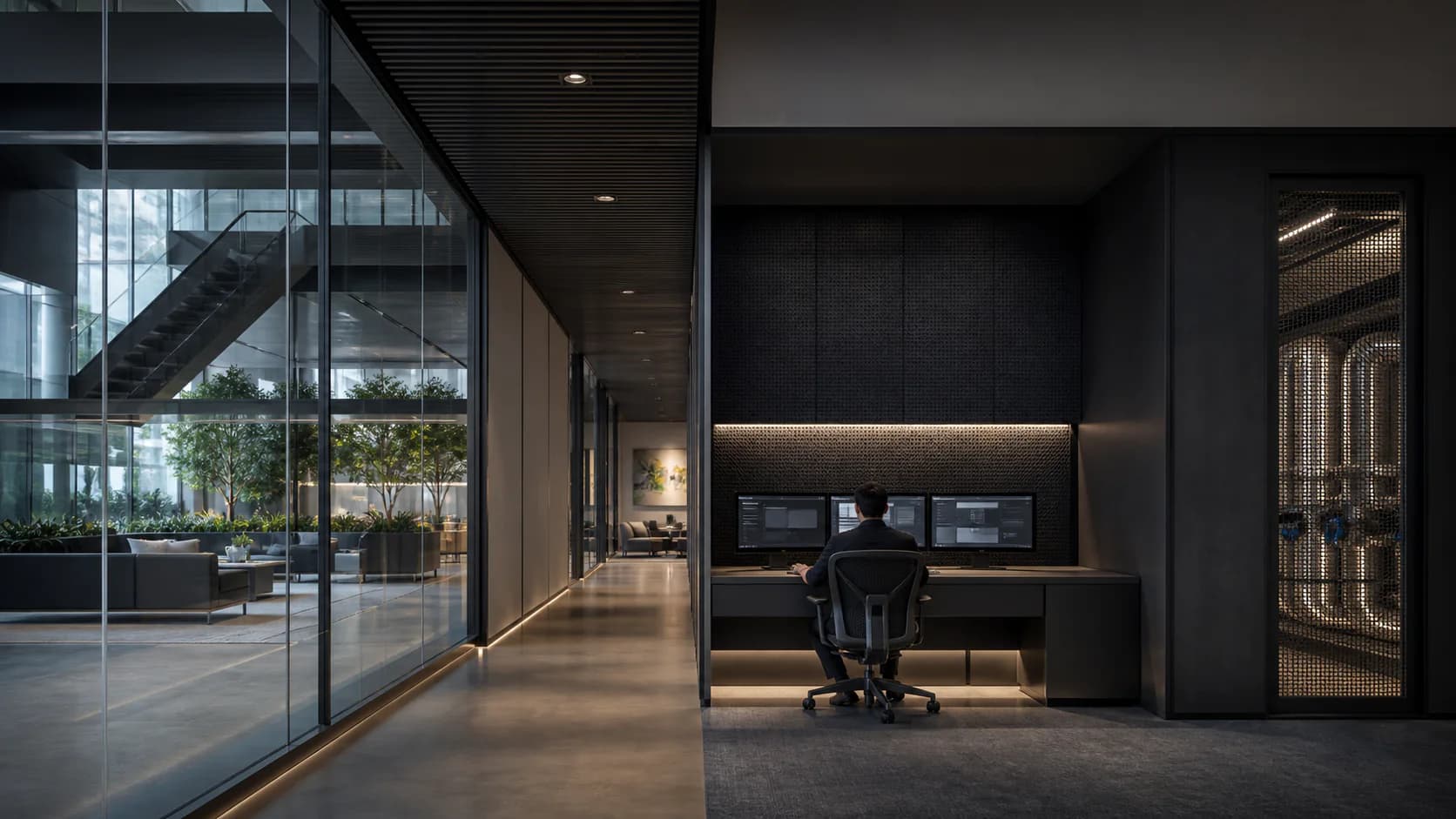 Building operator seated at a monitoring workstation within a contemporary commercial building
