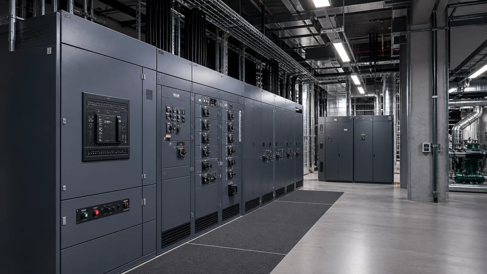 Building electrical room with distribution cabinets, overhead cable routes and adjacent services
