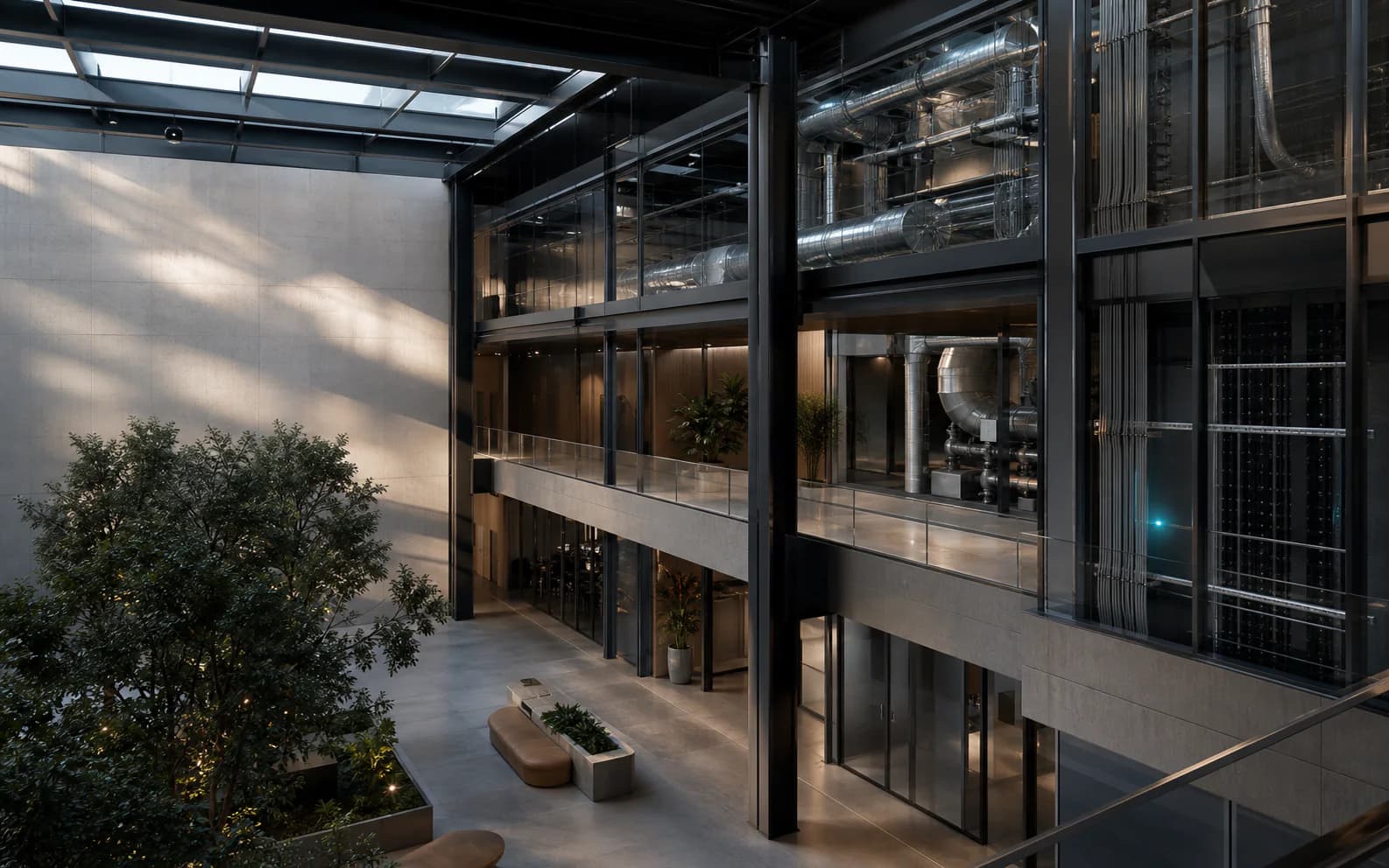 Commercial architecture with building services integrated into the structure