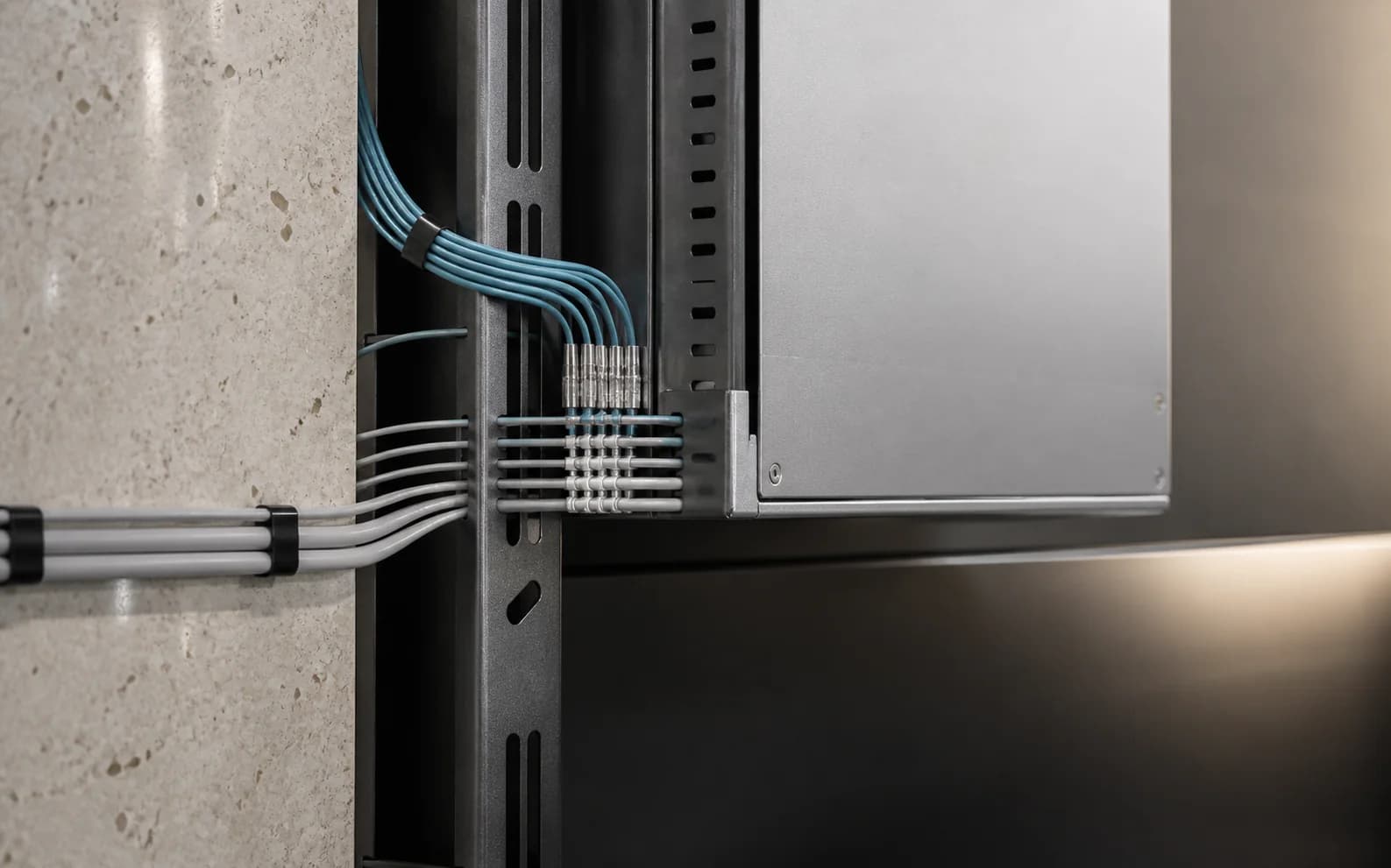 Data and sensor cabling routed into an engineered technical enclosure