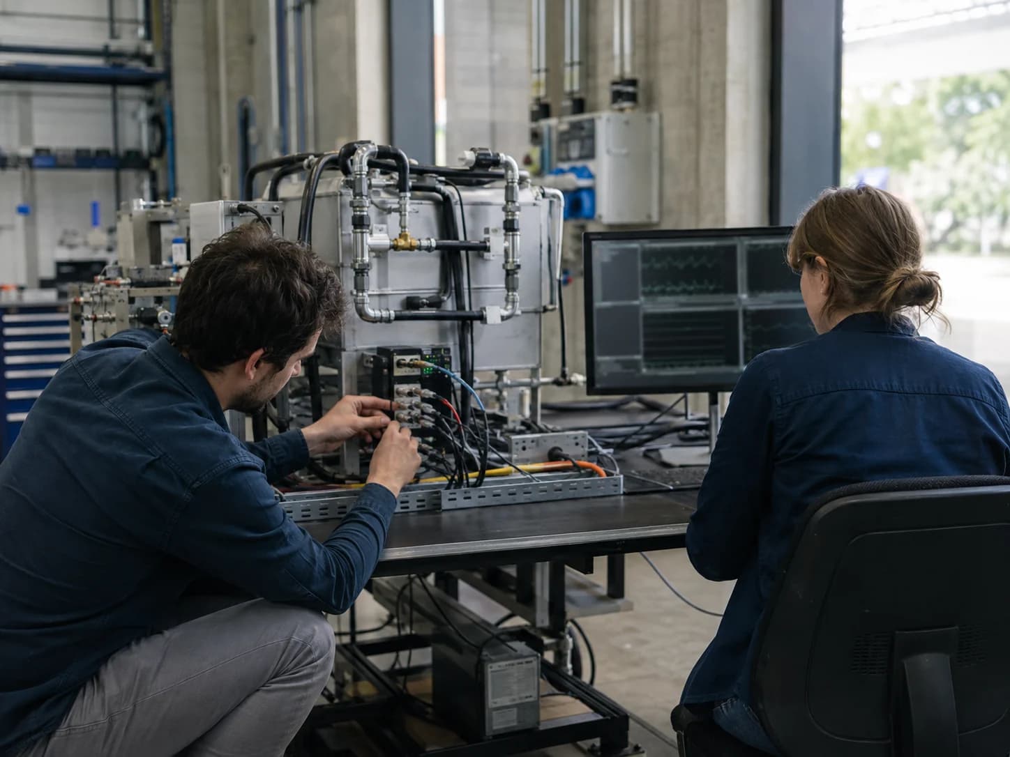 Two engineers connecting a physical test system while reviewing its operational data