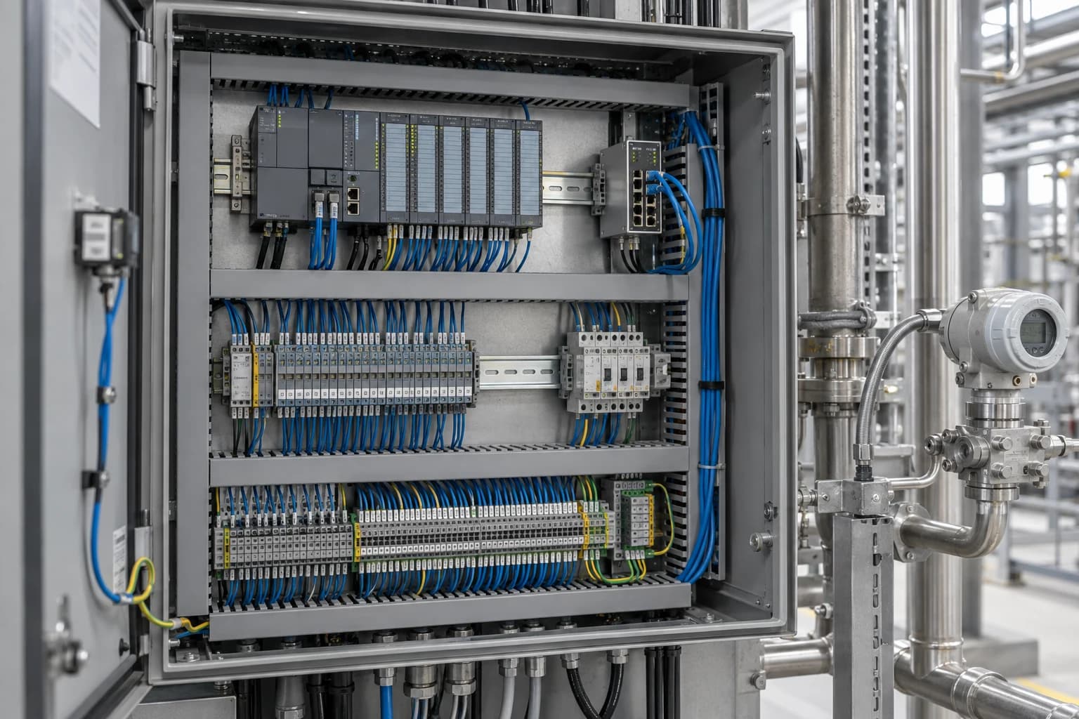 Industrial control cabinet with organized signal wiring, digital input-output modules and a field instrument on process pipework