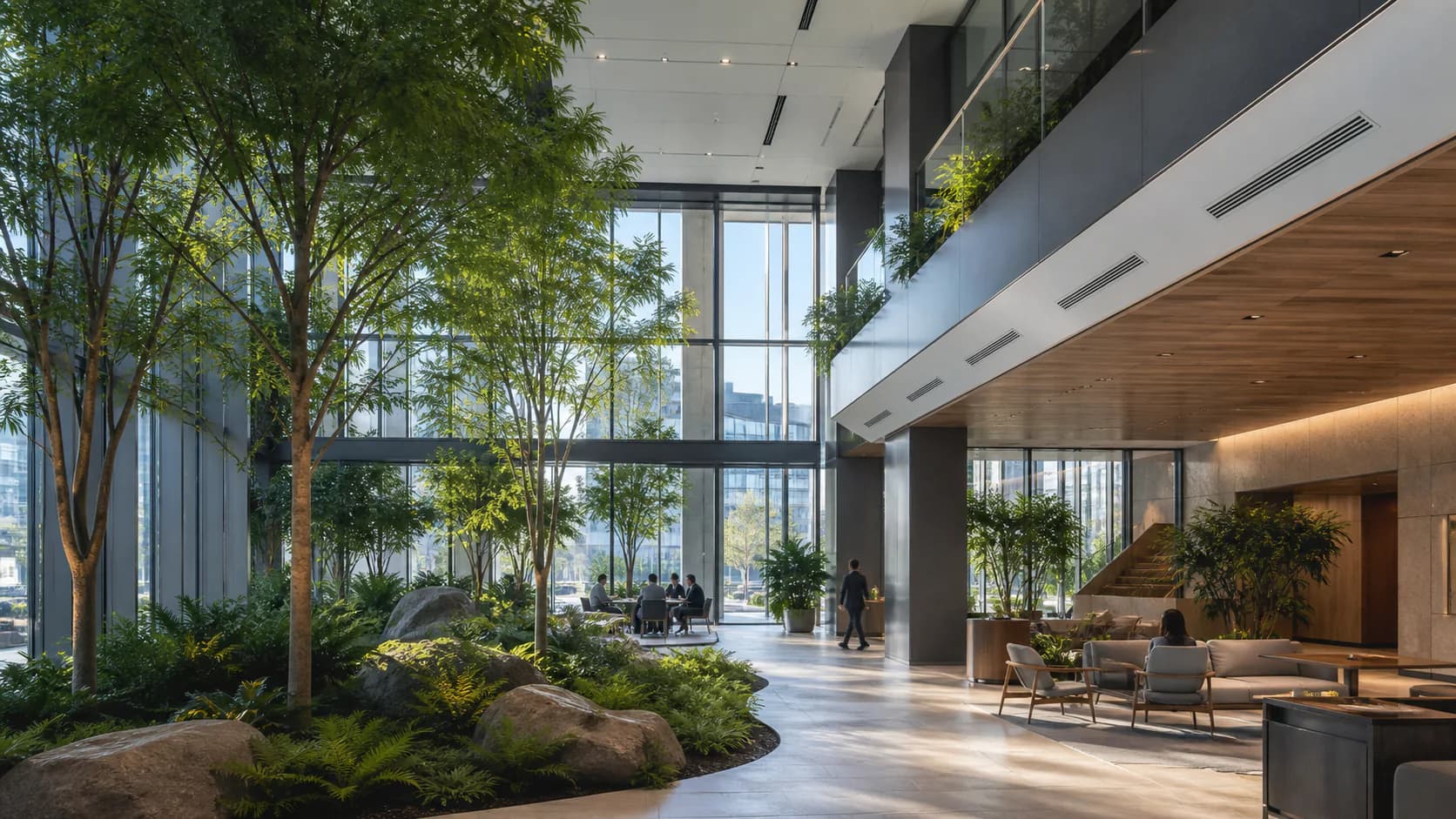 Daylit commercial atrium with meeting spaces, planting and integrated ventilation