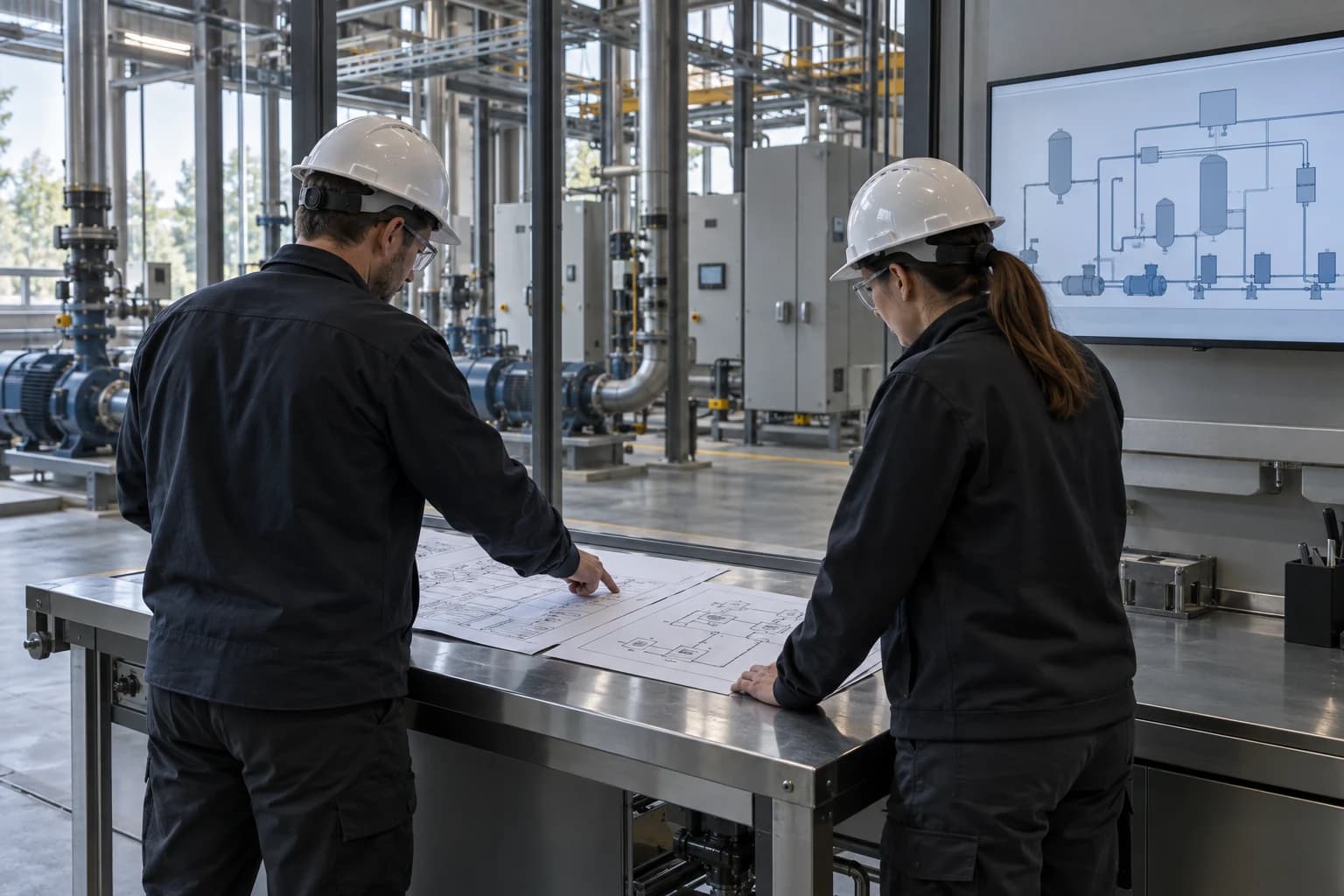 Two engineers reviewing process drawings beside the physical equipment and restrained system view they are defining