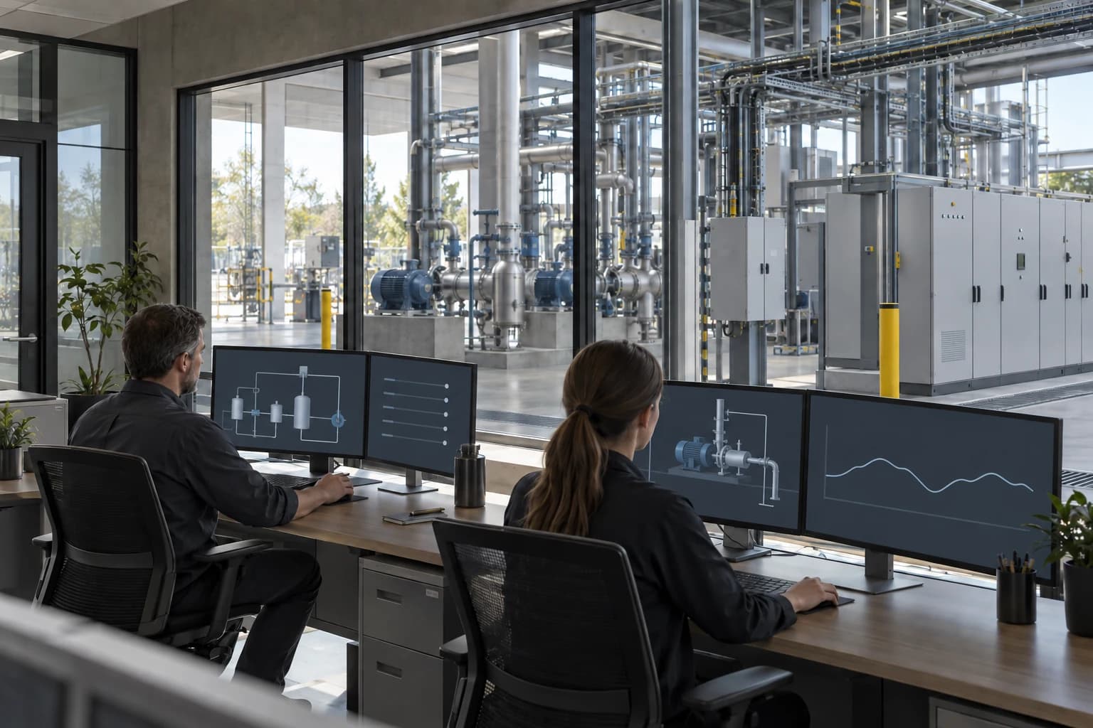 An engineering operations room where restrained system views sit beside the physical equipment they represent