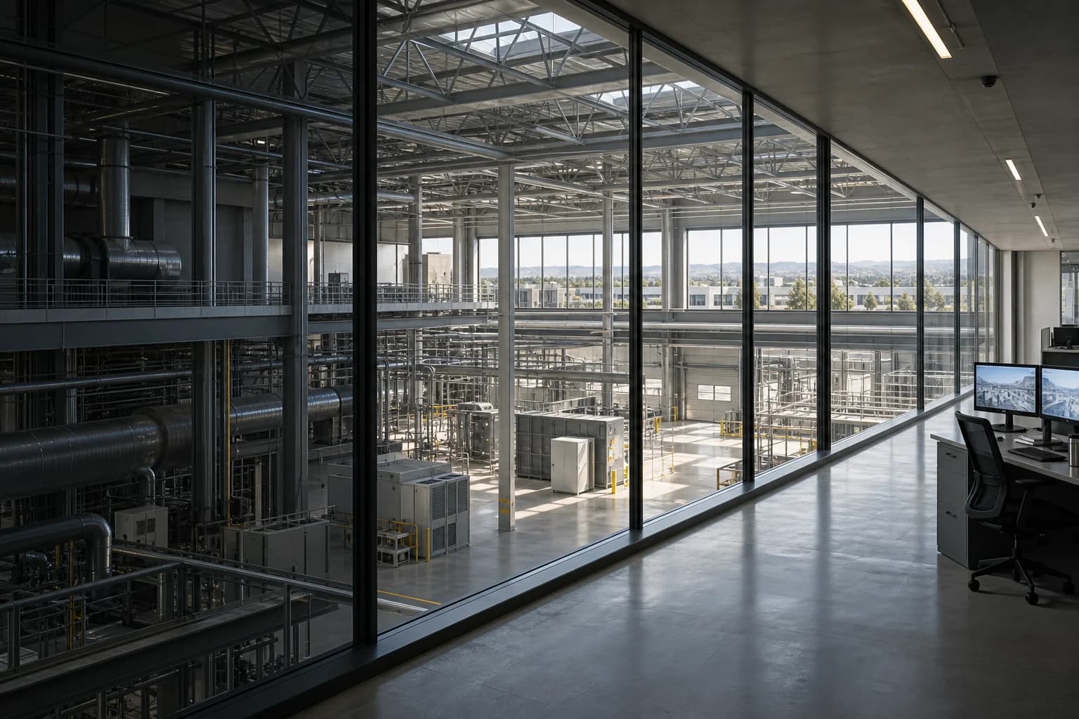 An operations gallery overlooking company infrastructure, with software workstations alongside the physical environment