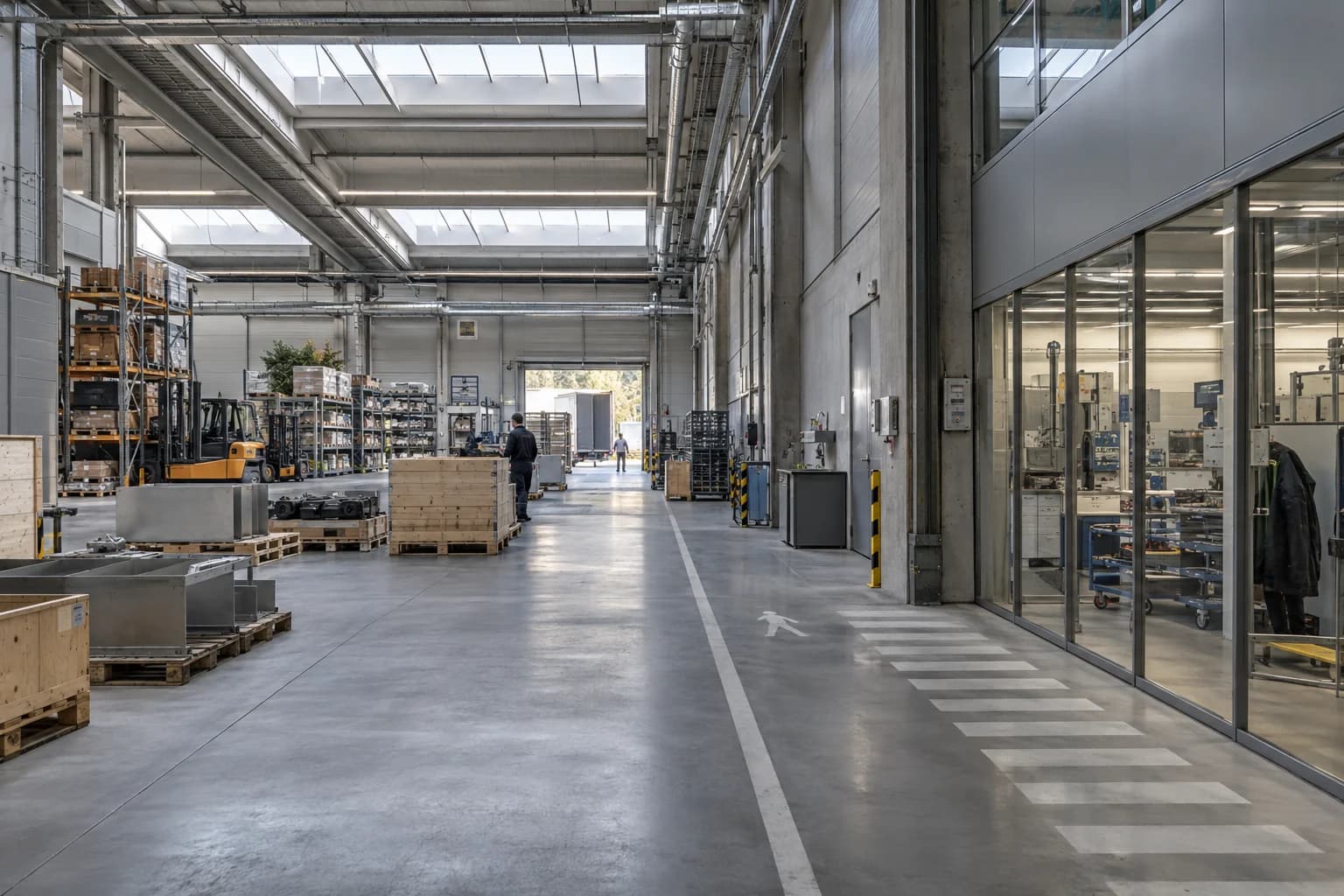 Connected staging, service and distribution spaces inside a working company facility
