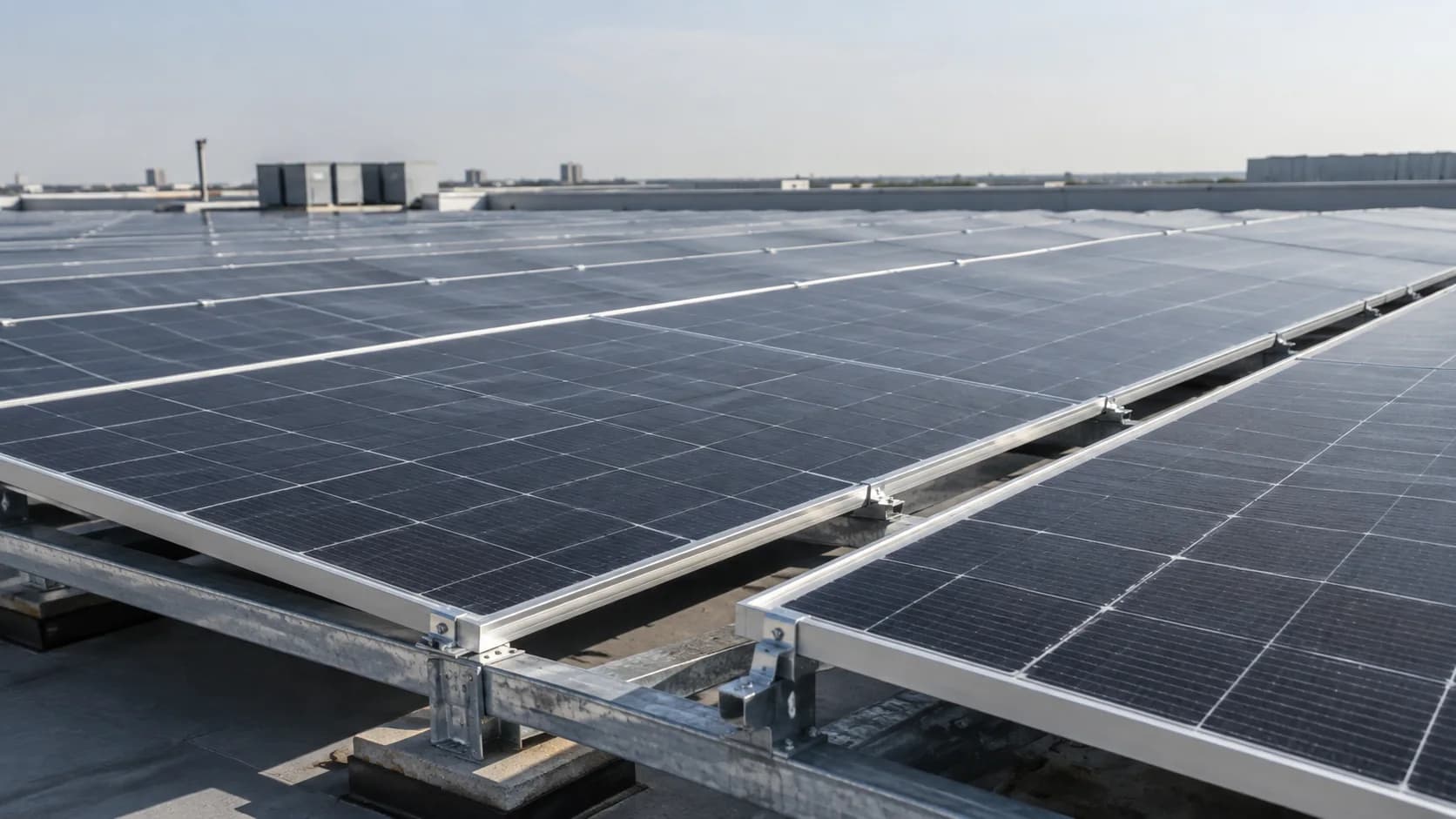 Photovoltaic modules, aluminum clamps and mounting rails across a commercial rooftop