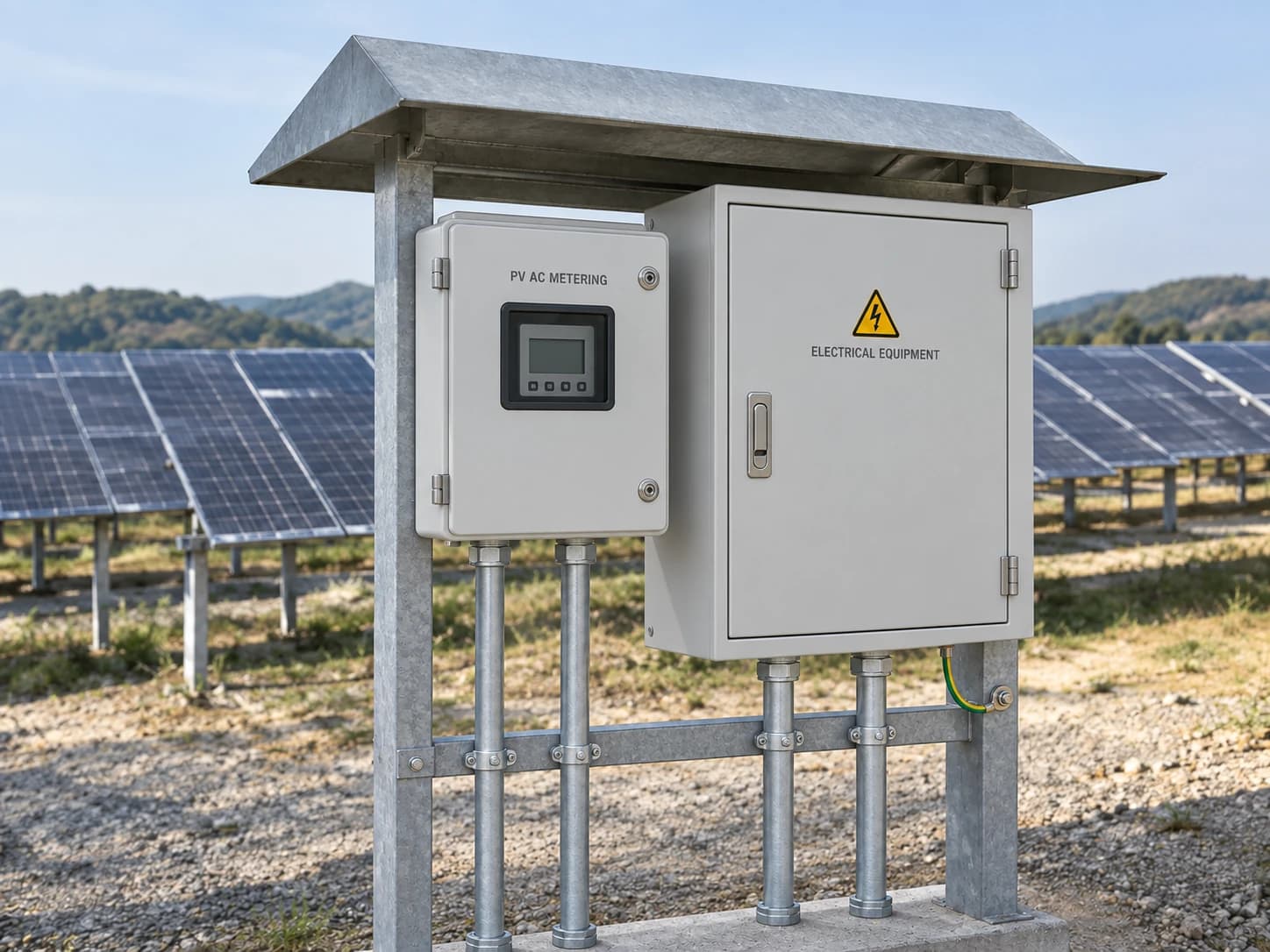 Illustration of closed PV AC metering and electrical enclosures with separate metal conduits beside a solar array