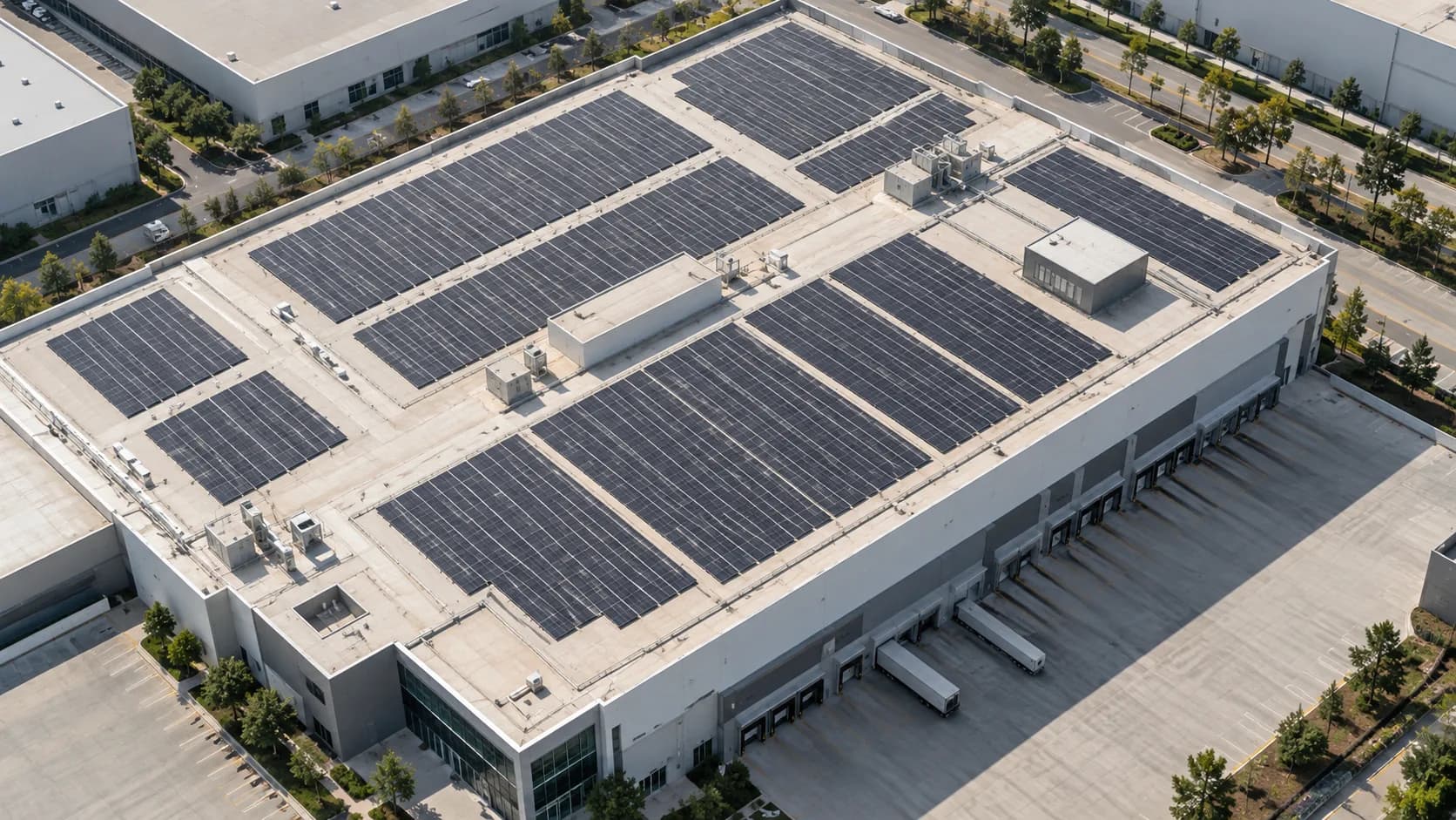 Commercial campus photovoltaic rooftops seen from above, with distinct array banks and service corridors