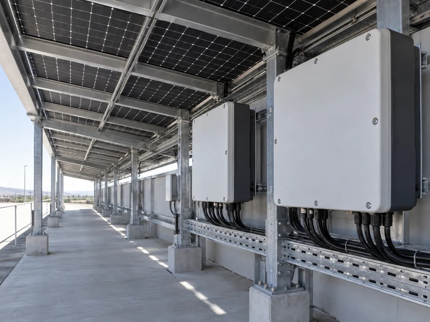 String inverters and protected cable trays beneath a photovoltaic carport