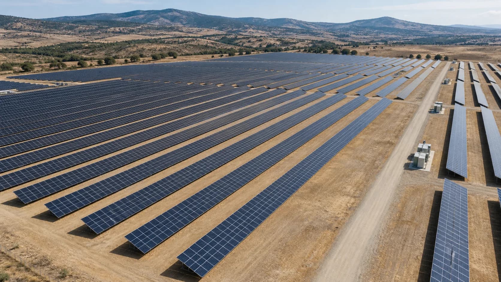 Photovoltaic rows, inverter stations and an electrical service lane across a utility solar site
