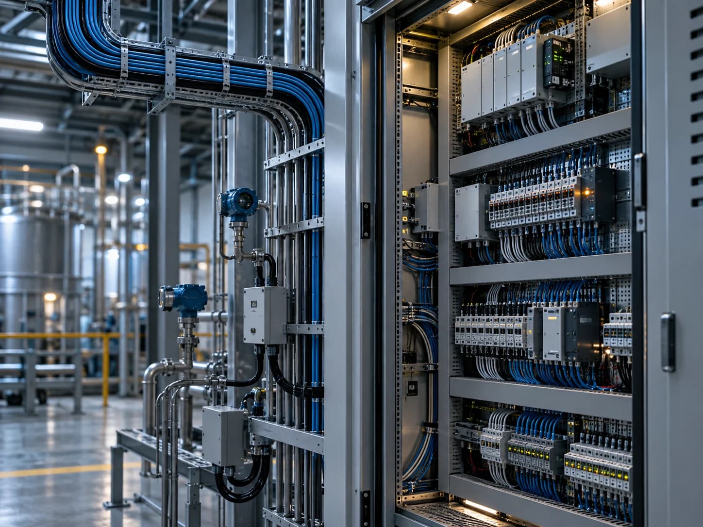 Organized industrial control cabinets, instrumentation and structured cable routes within a process facility