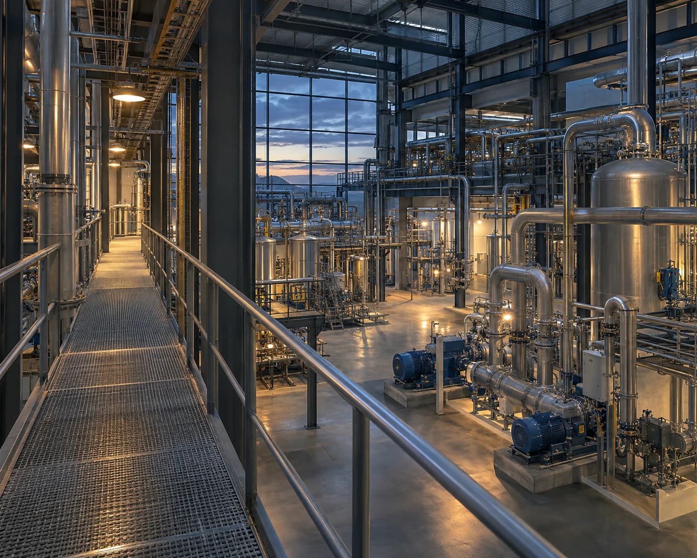Elevated service walkway overlooking a modern industrial process hall with pumps, pipework and electrical infrastructure