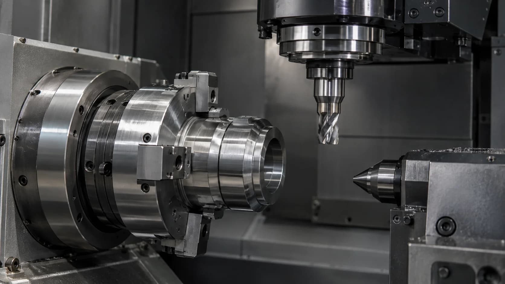 Machined metal fixture and precision tooling inside industrial production equipment