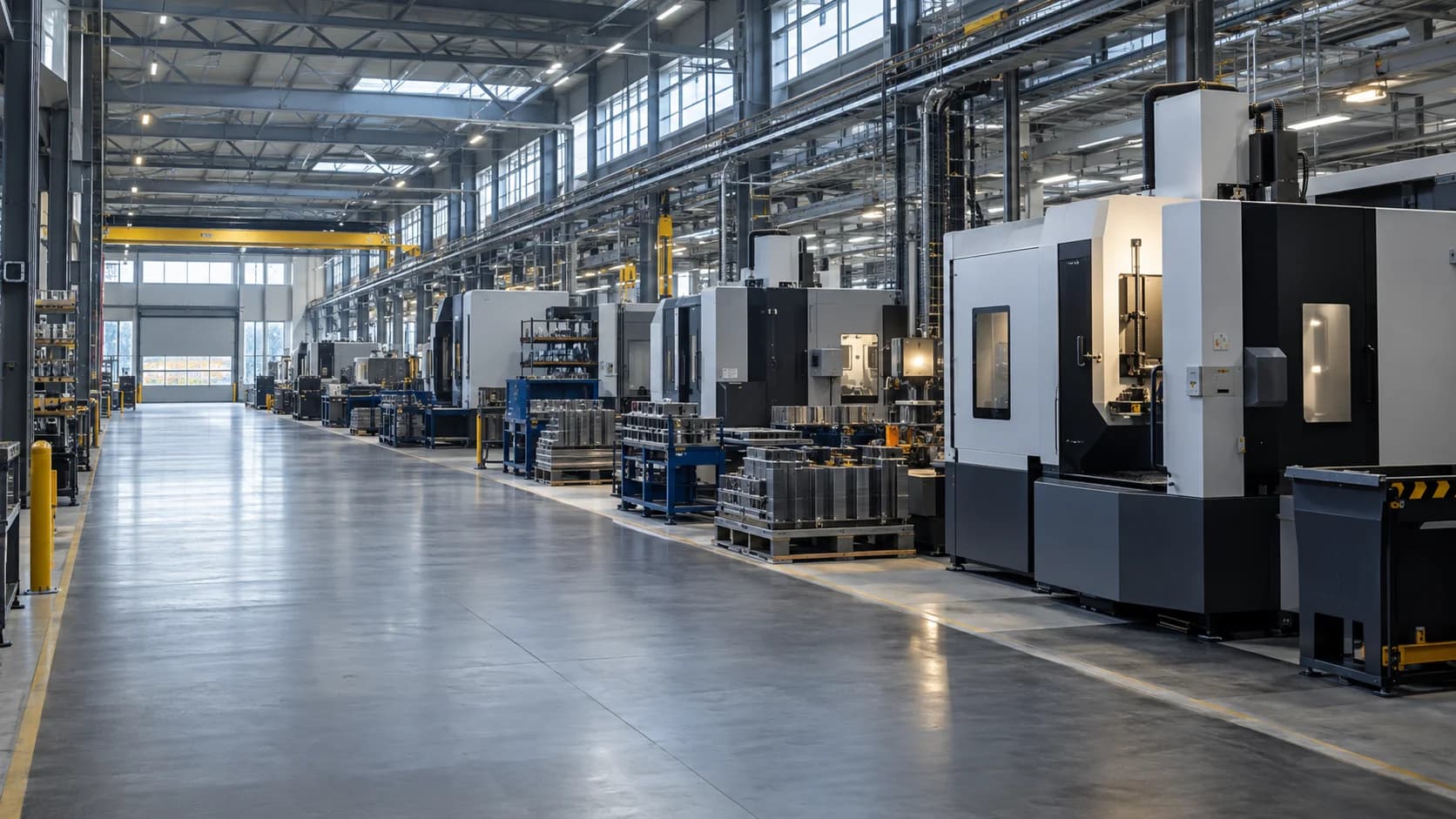 Modern manufacturing hall with precision production equipment and daylight across the working aisle