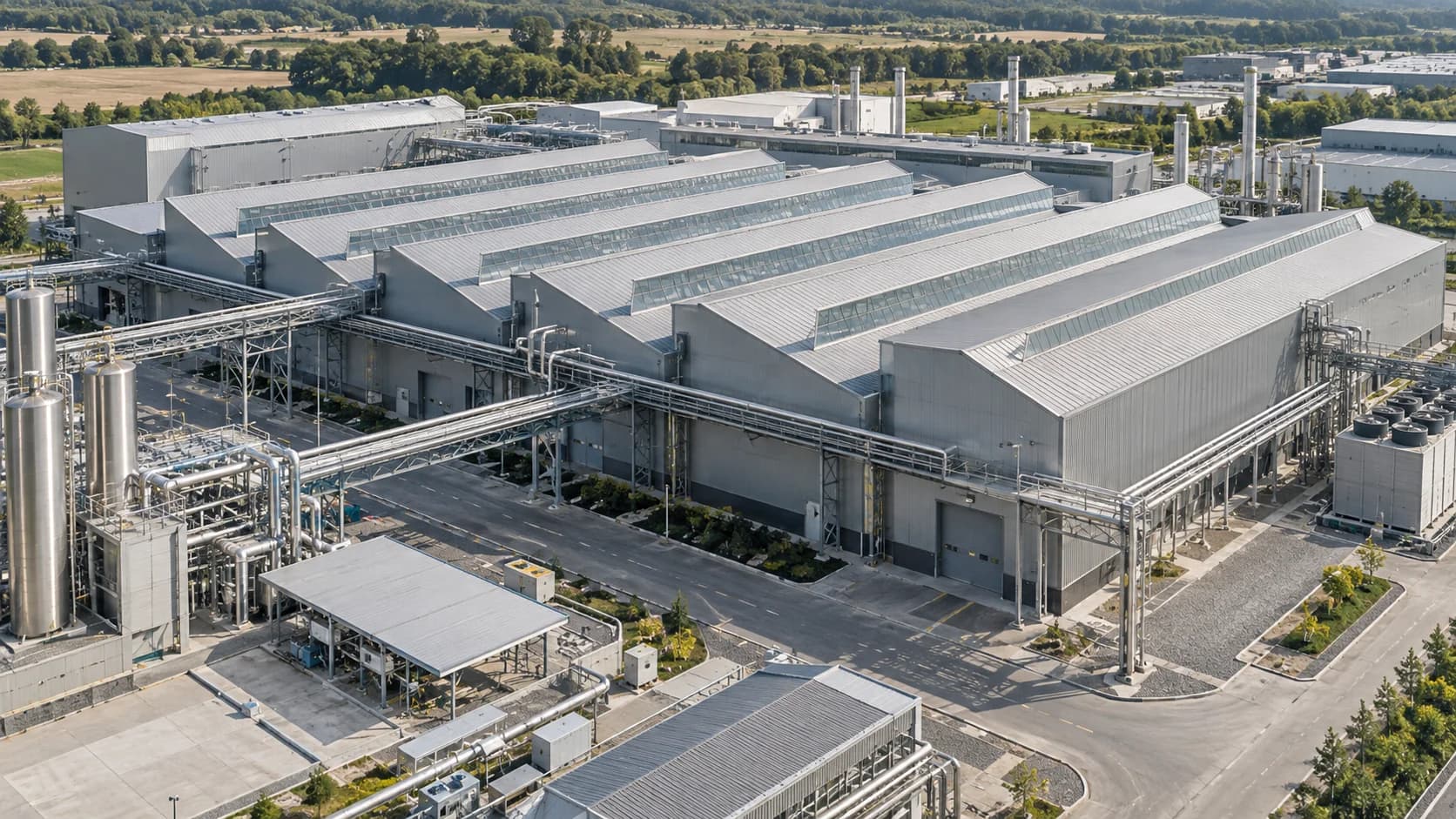 Manufacturing plant with sawtooth roofs, service roads and connected process infrastructure