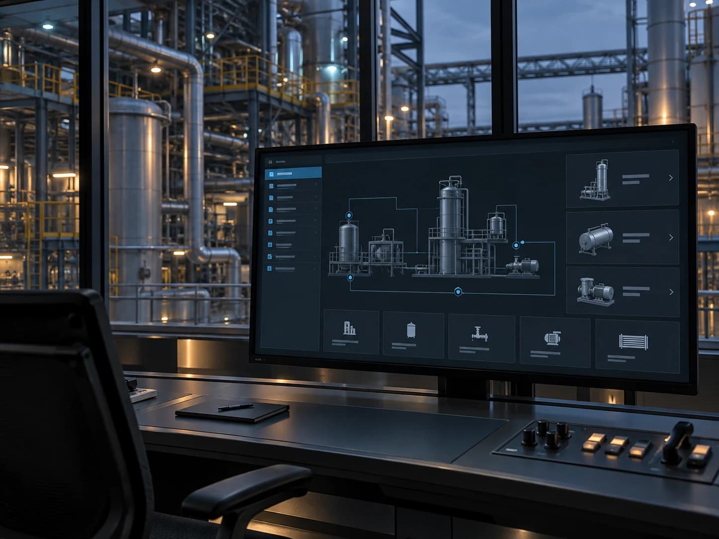 Industrial monitoring workspace organized around equipment hierarchy and system relationships without operational values