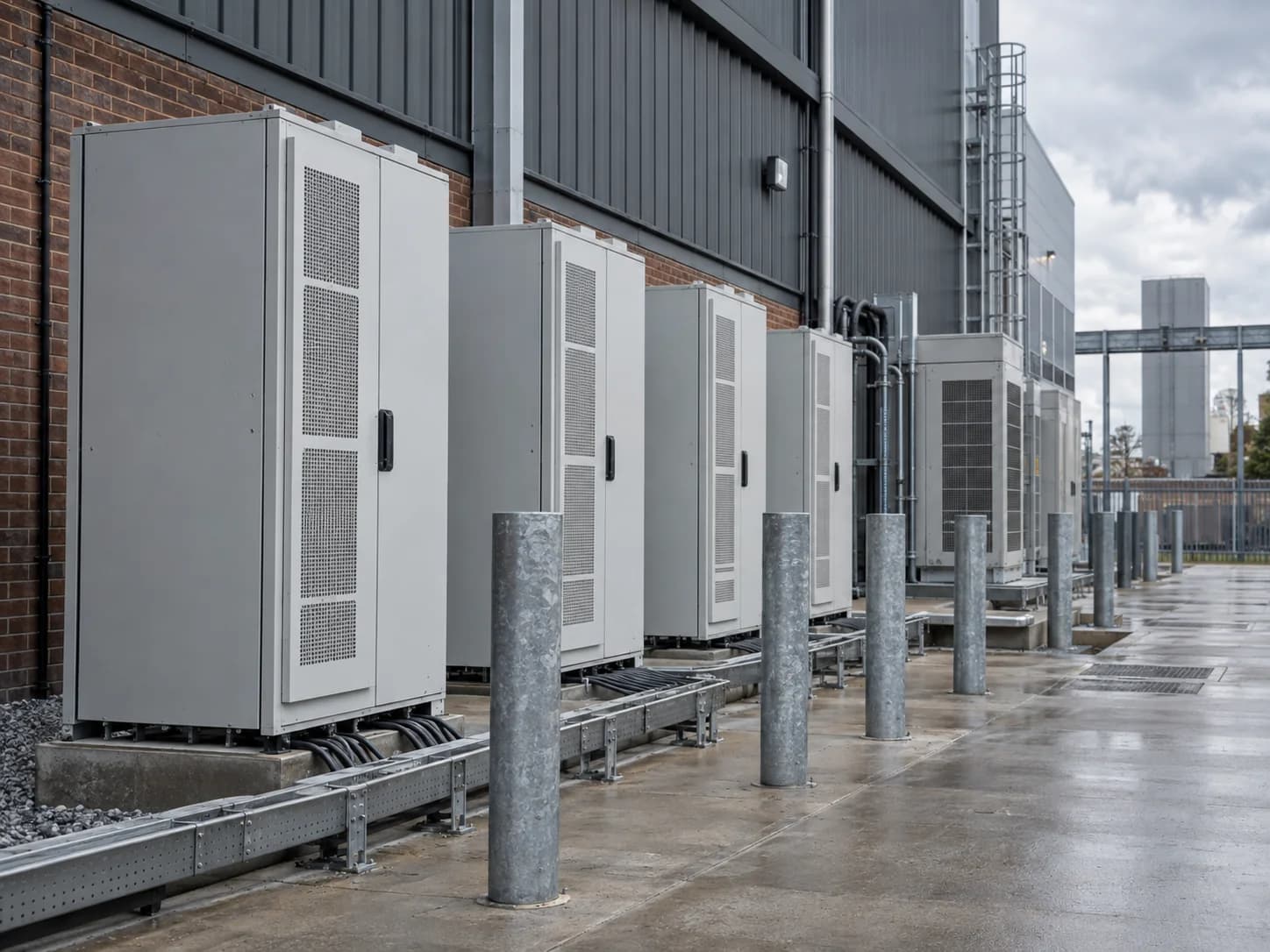 Commercial battery cabinets installed along a factory exterior with protected cable routes