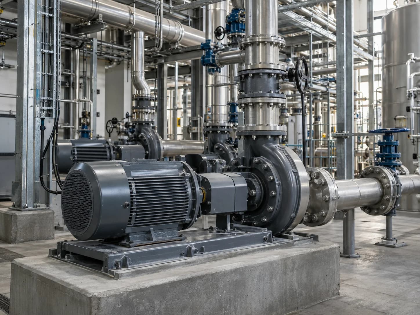 Industrial pump motors, large process pipework and valves within a plant utilities bay