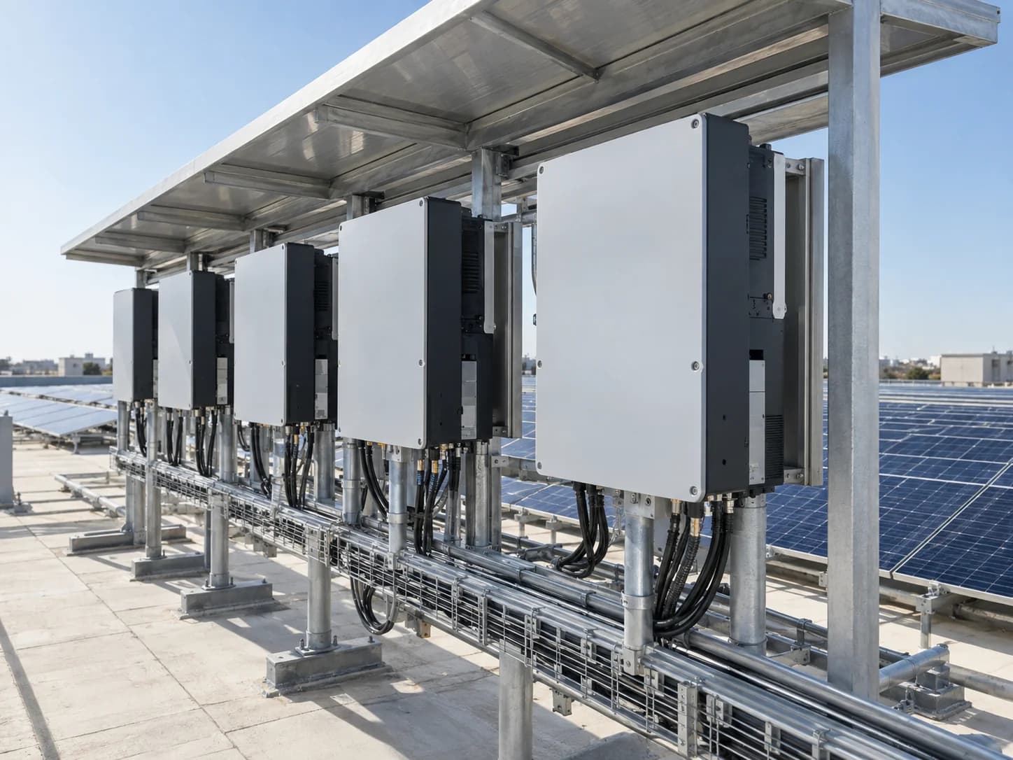 Solar string inverters with organized cable routes beneath a rooftop weather canopy